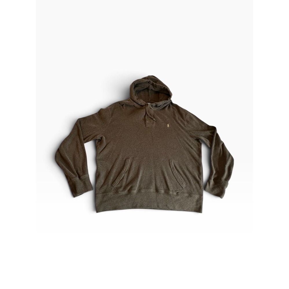 Polo Ralph Lauren Hoodie Mens L Brown Henley Ribbed Knit Pony Logo EUC